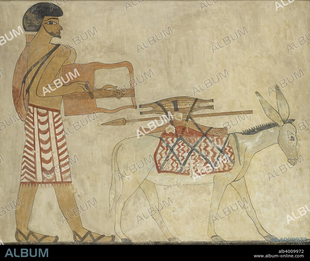 Copy of wall painting, private tomb 3 of Khnumhotpe III, Beni Hasan, Semite playing lyre preceded by donkey, 20th century. Framed.