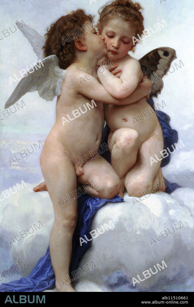 Two babies on cloud, one kissing another.  William-Adolphe Bouguereau (30 November 1825 – 19 August 1905) was a French academic painter. In his realistic genre paintings he used mythological themes, making modern interpretations of classical subjects, with an emphasis on the female human body.  As the quintessential salon painter of his generation, he was reviled by the Impressionist avant-garde.