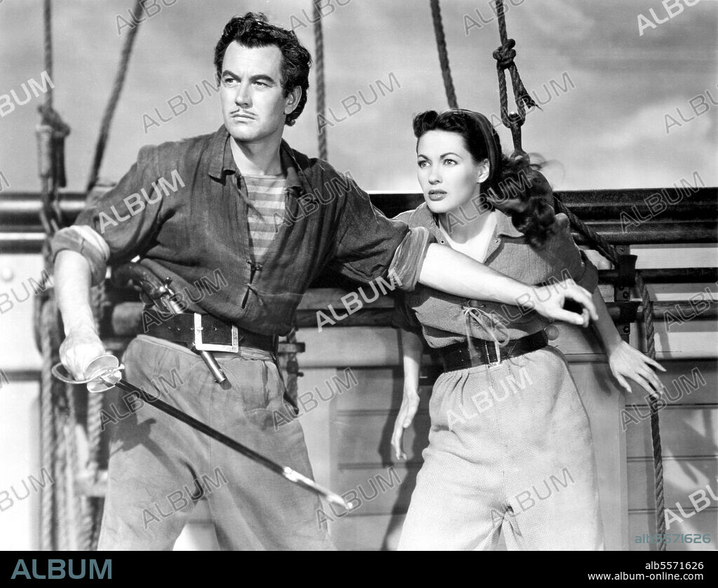 PHILIP FRIEND y YVONNE DE CARLO en EL CAPITAN PIRATA, 1950 (BUCCANEER'S GIRL), dirigida por FREDERICK DE CORDOVA. Copyright UNIVERSAL PICTURES.