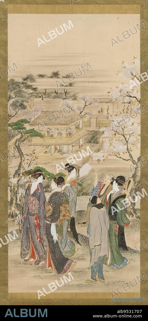 KATSUSHIKA HOKUSAI. Landscape: parties of men and women looking at cherry blossoms. Origin: Japan. Period: Edo period. Date: 1760-1849. Color on paper.