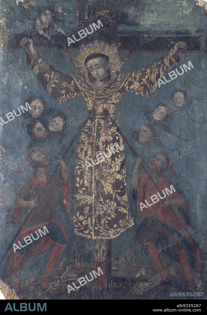 Saint Philip of Jesus, San Felipe de Jesus, Oil on canvas, Mexico, 18th century, 16 1/2 x 11 1/2in., 41.9 x 29.2cm, angels, catholicism, crucifixion, crusifix, fabric, halo, hispanic heritage, Jesus, lance, latin american art, martyr, Mexican Painting, oil on canvas, pattern, religious, religious art, spanish american art.