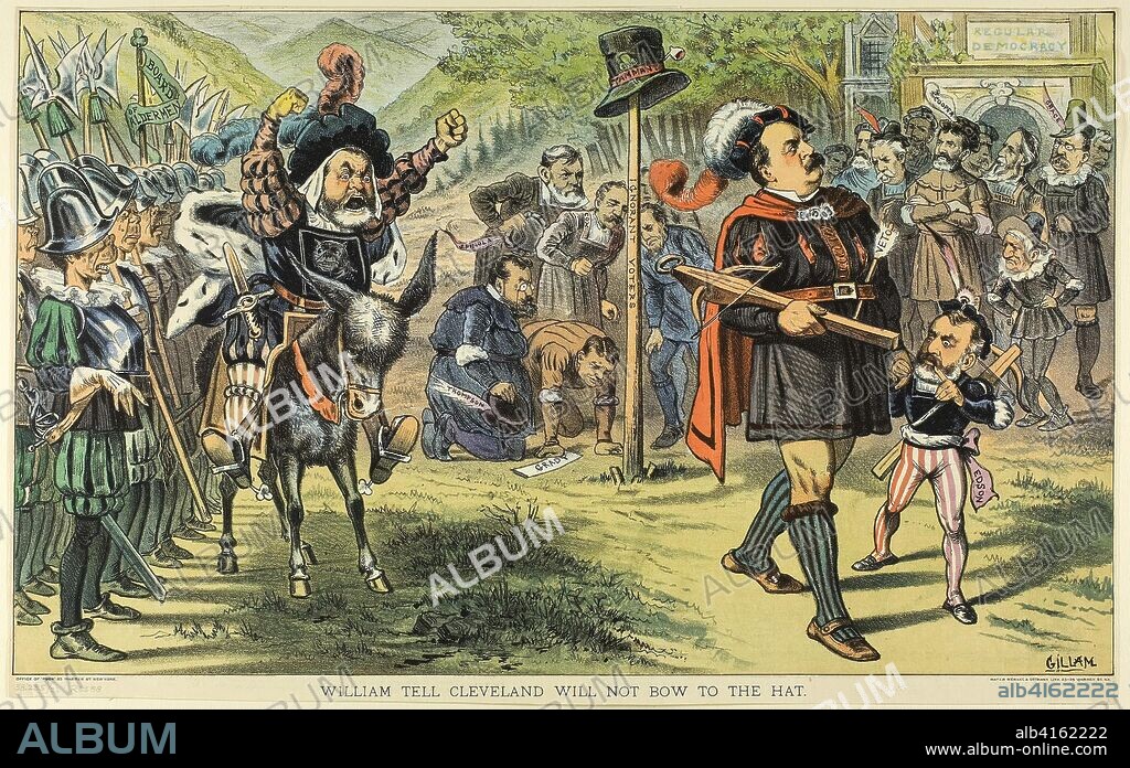 William Tell Cleveland Will Not Bow to the Hat, from Puck. Bernard Gillam (American, 1856-1896); published by Mayer, Merkel & Ottman Lithographer. Date: 1883. Dimensions: 285 x 472 mm (image); 300 x 475 mm (sheet). Color lithograph on newsprint. Origin: United States.