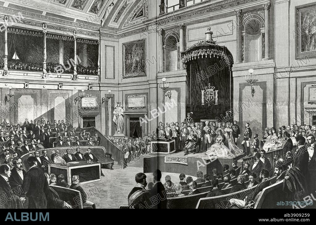 Período de la Restauración Borbónica. S. M. Alfonso XII de España (1857-1885) " El Pacificador" leyendo el discurso de inaguración de las Cortes Generales. Madrid. Grabado de la Ilustración Española y Americana, 29 de febrero de 1876. Biblioteca Histórico Militar de Barcelona, Cataluña, España.