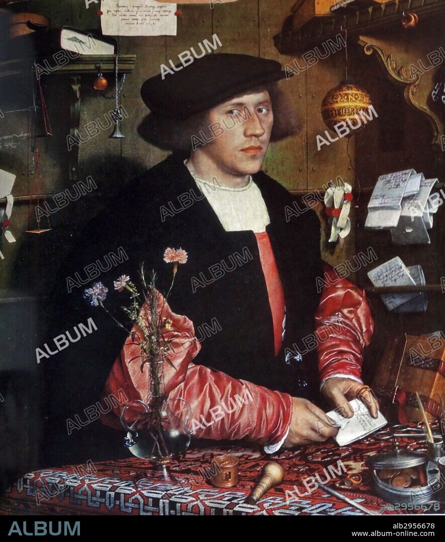 Portrait of Georg Gisze (1497-1562) a Hanse merchant. Gisze is depicted in his office with symbols of his wealth and education, including scales, and glass vials. Painted by Hans Holbein the Younger (1497-1543) a German artist and printmaker. Dated 16th Century.