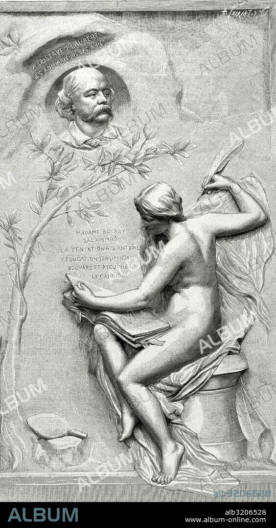 Monumento erigido en Rouen a la memoria al escritor francés Gustavo Flaubert (1821-1880) ". Obra del escultor francés del neoclasicismo Henri-Michel-Antoine Chapu (1833-1891). Grabado por H. Thiriat. La Ilustración Artística, 1892.