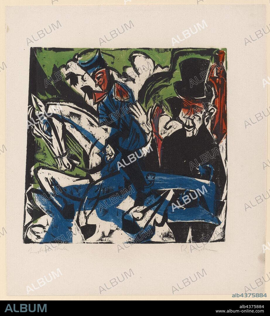Schlemihl's encounter with the little gray man on the road, 1915, woodcut on blotting paper, colored printing of several sticks in black, blue, green and red, condition pressure, b, ., 1, II, II, not numbered and limited, sheet: 44.3 x 39.3 cm |, Picture: 29.9 x 31.2 cm, inscribed in pencil a., l .: condition pressure, signed and signed, r .: E L Kirchner, Ernst Ludwig Kirchner, Aschaffenburg 1880–1938 Davos Frauenkirch.