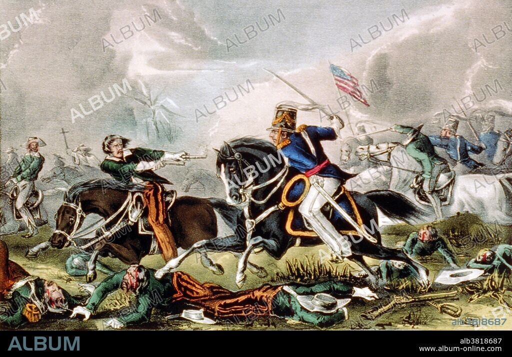 Lithograph entitled: "Pursuit of the Mexicans by the U.S. Dragoons, under the intrepid Colonel Harney." The Battle of Churubusco took place on August 20, 1847, in the immediate aftermath of the Battle of Contreras during the Mexican-American War. The Mexicans made their stand at the Franciscan convent of Santa MarÃ­a de Churubusco. The first assault, by the 5,000 U.S. divisions of William Worth and David Twiggs, was successfully repulsed. The brigade of Franklin Pierce crossed the river under fire, followed by Shields' brigade, and turned the Mexican right flank. On the left, elements of Worth's division also succeeded in a river crossing and took the Mexican defenses in the rear. Resistance collapsed except for those inside the convent, who held out for some time before surrendering. The Mexican-American War was an armed conflict between the United States of America and Mexico from 1846 to 1848 in the wake of the 1845 US annexation of Texas.