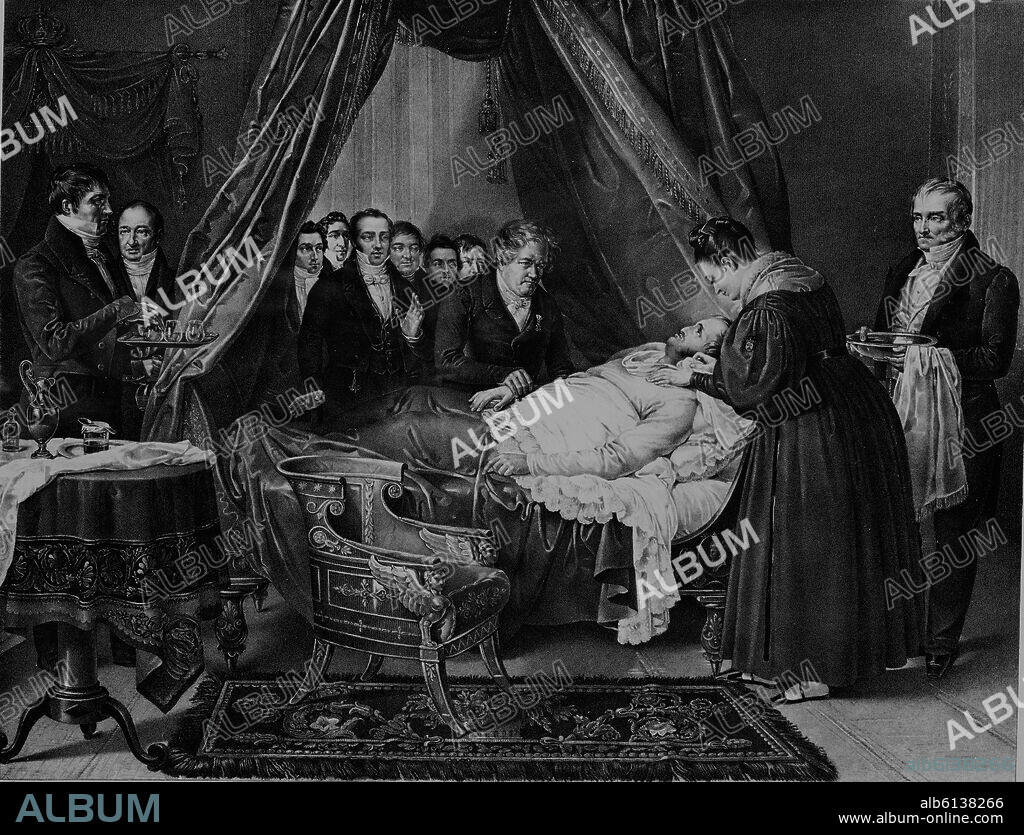 EL AMOR CONYUGAL O LA ENFERMEDAD DE FERNANDO VII - GRABADO SIGLO XIX.