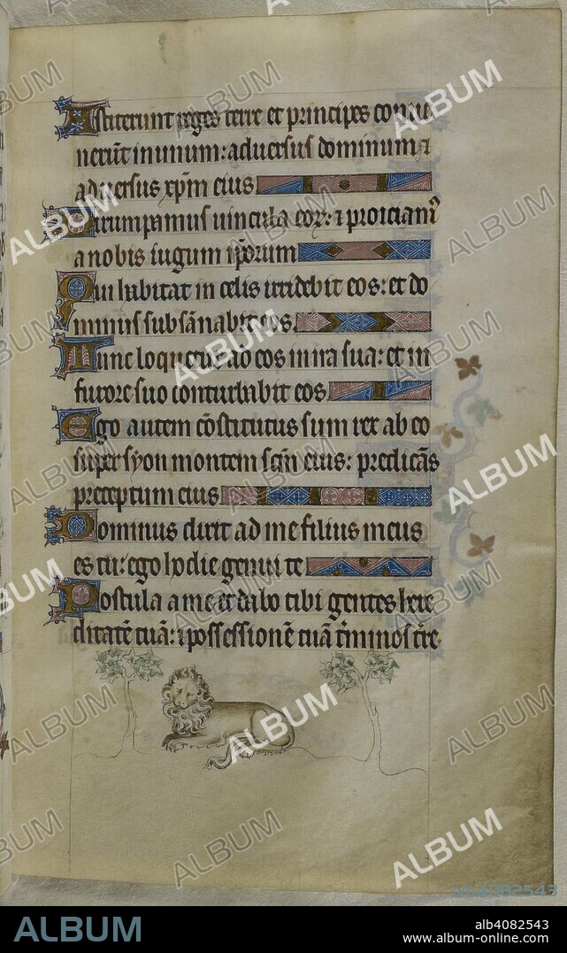 Bas-de-page scene of a lion seated between two trees (sleeping, according to legend, with its eyes open). Psalter ('The Queen Mary Psalter'). England (London/Westminster or East Anglia?); between 1310 and 1320. Source: Royal 2 B. VII, f.86. Language: Latin, with French image captions.