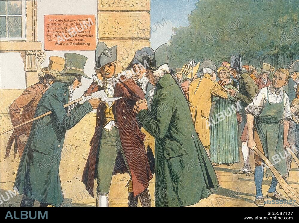 The Napoleonic Wars:. The battle at Jena and Auerstaedt on. 14 October 1806. (Prussian defeat by Napoleon I). "The reaction to the defeat at Jena and Auerstaedt in Berlin. Chromotype after Richard Knoetel (1857-1914). From: The Queen Luise in 50. Pictures, Berlin (Paul Kittel) 1896.