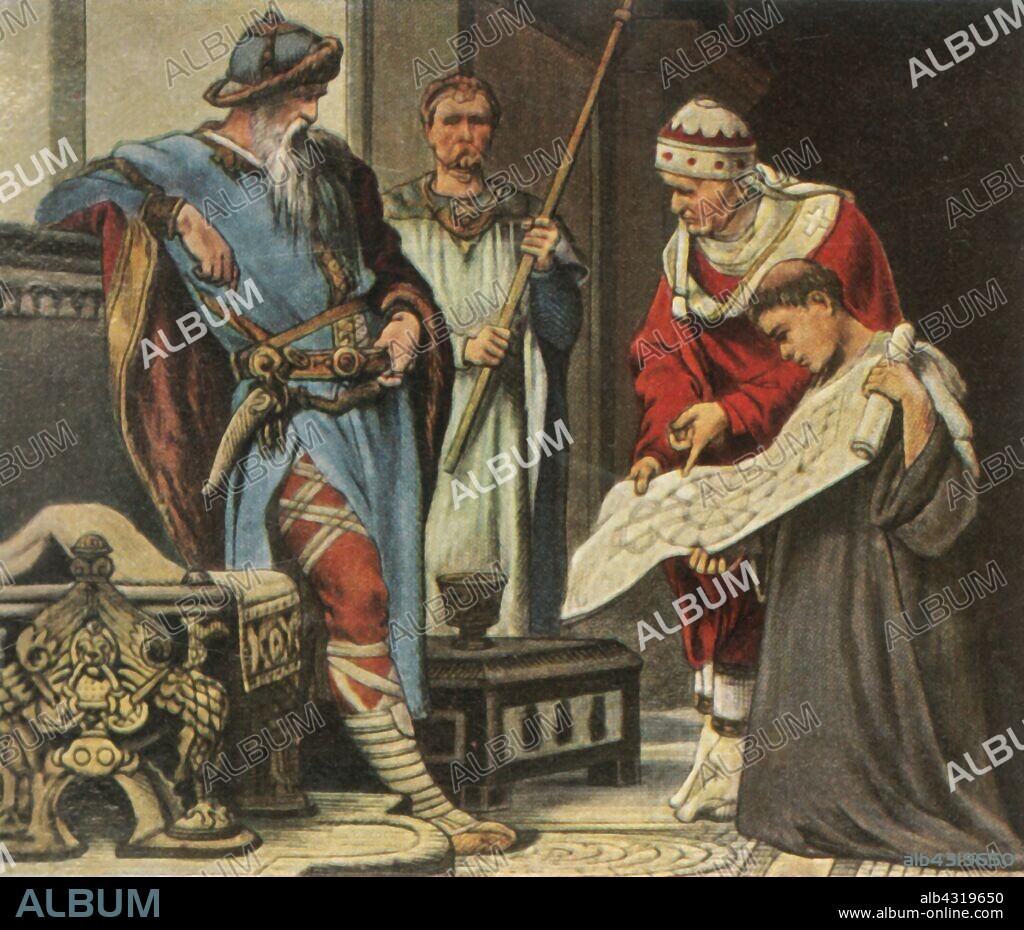 Charlemagne is shown the plans for the Palatine Chapel in Aachen, (1936). 'Karl Der Grosse Lässt Sich Den Plan Zur Palastkapelle Der Kaiserpfalz in Aachen Vorlegen', 796 AD. Charlemagne, King of the Franks (742-814 AD) had a  chapel built as part of his Palace of Aachen (in what is now Germany). From "Bilder Deutscher Geschichte", (Pictures of German History), No.12, cigarette card album. [Cigaretten-Bilderdienst, Altona-Bahrenfeld, Hamburg, Germany, 1936].