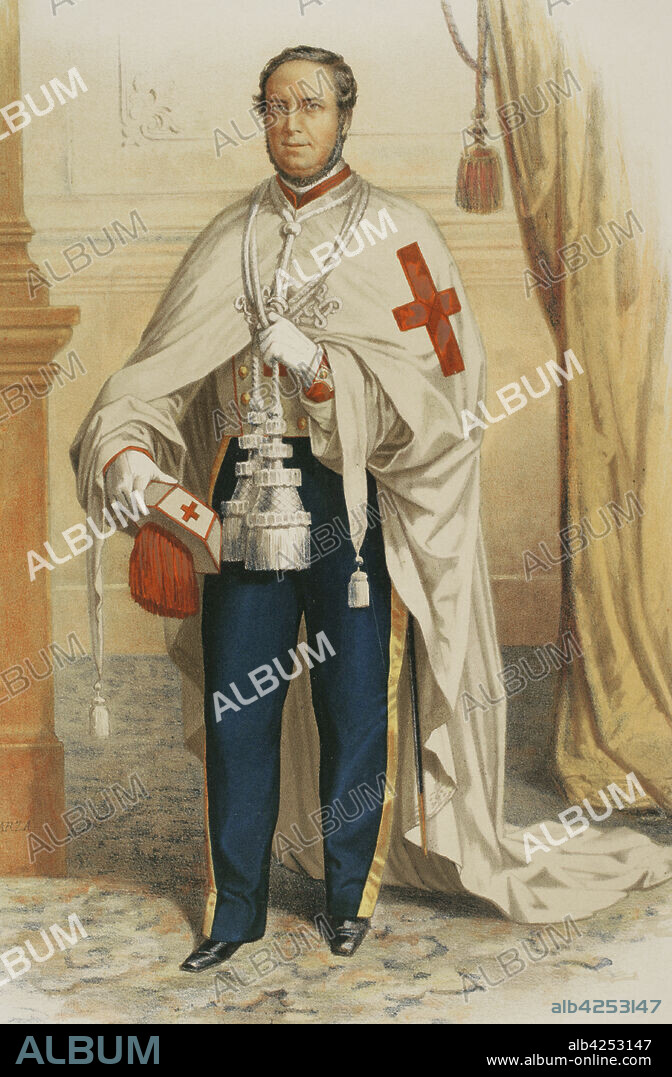 Caballero de la Orden de Santa María de Montesa y San Jorge de Alfama u Orden de Montesa. Orden militar establecida por el rey Jaime II de Aragón en 1317 para sustituir a la Orden del Temple. Traje de ceremonia. Cromolitografía. Historia de las Ordenes de Caballería y de las Condecoraciones Españolas. Madrid, 1865.