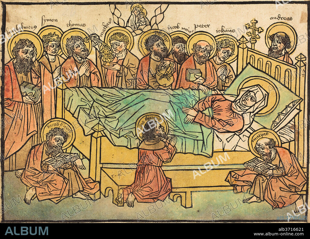 GERMAN 15TH CENTURY OR PETER MALER. The Death of the Virgin. Dated: 1465/1470. Medium: woodcut, hand-colored in light orange-red, green, yellow, and brown.