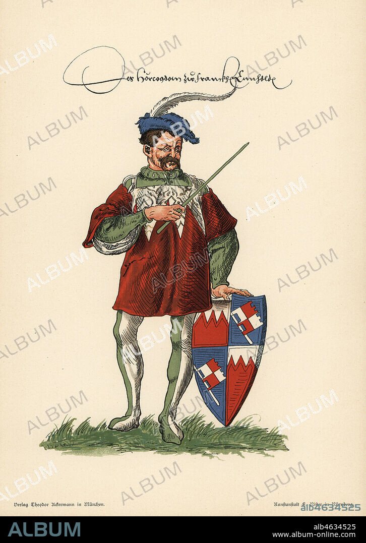 Herald of Franconia, Herold der frankische. He wears an armorial tunic with the Franconian rake coat of arms. Chromolithograph from Otto Watzelberger's Beitraege zum Formenschatz der Heraldik (Contributions to the Vocabulary of Heraldry), Theodor Ackermann, Munich, 1900. Otto Watzelberger was Secretary of the Koeniglich Bayerischen Haus-Ritter-Ordens vom heiligen Georg (Royal Bavarian House Equestrian Order of Saint George).