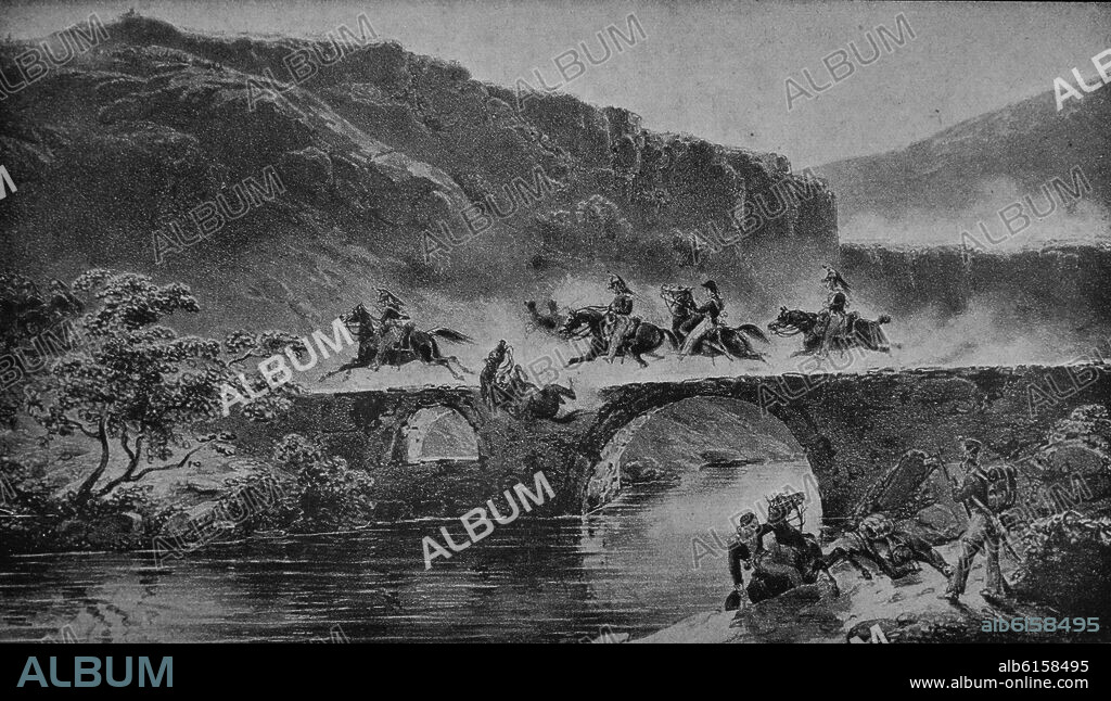 BATALLA DE VALLS O BATALLA DEL PUENTE DEL GOI EL 25 DE FEBRERO DE 1809 - REDING HERIDO DE MUERTE - GRABADO SIGLO XIX.