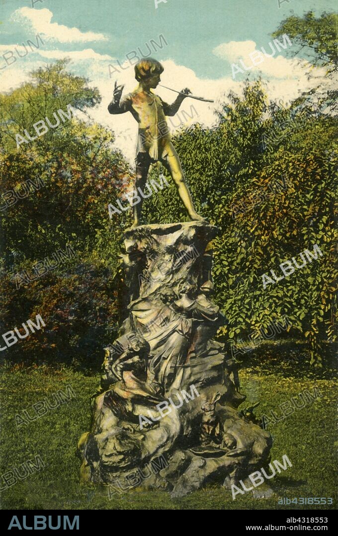 Peter Pan statue, Kensington Gardens, London, c1915. George Frampton's bronze sculpture of the boy who never grew up, from JM Barrie's novel. It was erected in 1912. Postcard.