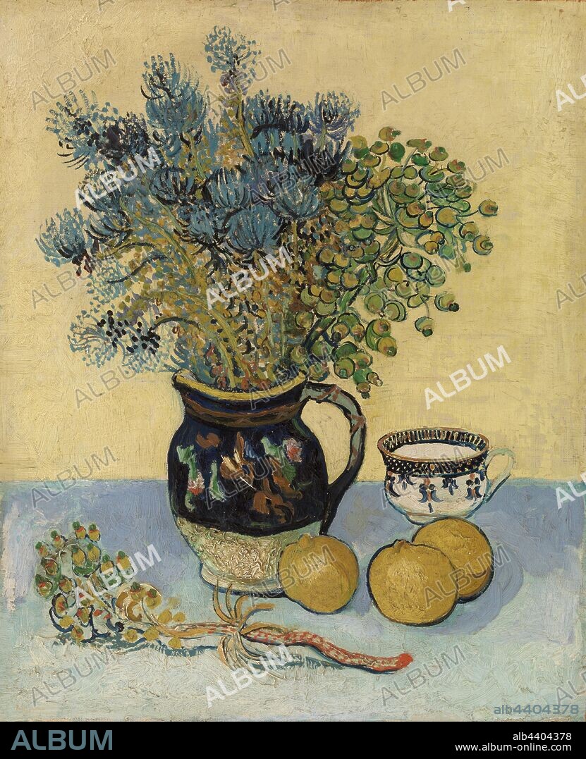 Vincent van Gogh: Still Life (Nature morte), Vincent van Gogh, May 1888, Oil on canvas, Van Gogh often called his still life paintings 'color studies.' Flowers in particular, arranged in different combinations and set against saturated fields of color, allowed him to experiment with new and bold chromatic relationships—here, blue and yellow. Van Gogh painted this canvas in May, 1888, a few months after he had moved to the village of Arles in the South of France. Several still lifes from his Arles period feature the same objects depicted here—the blue majolica vase with painted decoration, and the white teacup. The spiky blue flowers appear to be Cleome; Van Gogh may have taken liberties with their color., Overall: 21 11/16 x 18 3/16 in. (55.1 x 46.2 cm).