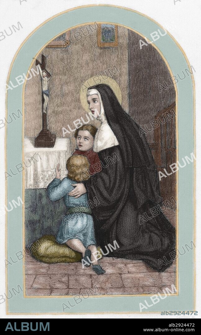 SANTA RITA DE CASIA O SANTA RITA DE CASCIA (1381-1457). Religiosa italiana de la Orden de San Agustín, en la que ingresó tras la muerte de su esposo e hijos. Siglos XIV-XV. Grabado del siglo XIX. Coloreado.