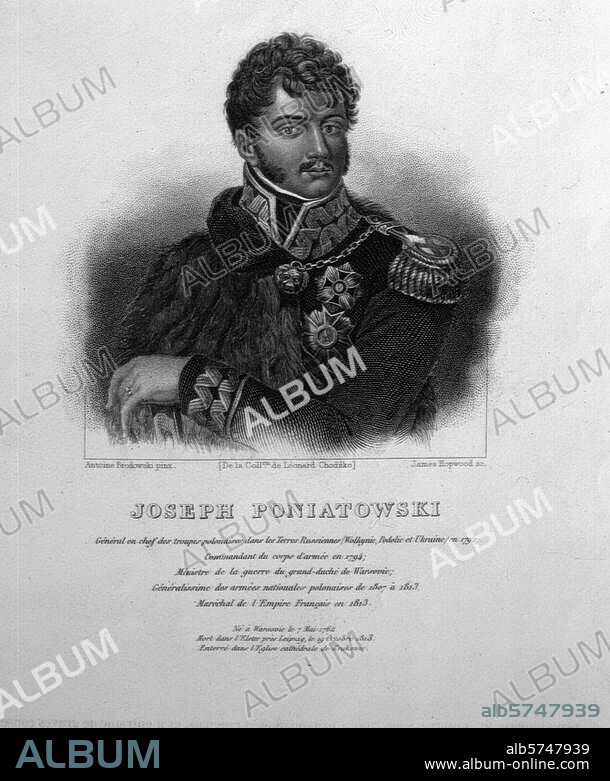 Poniatowski, Jozef prince; général polonais, nommé maréchal de France par Napoléon sur le champ de bataille; Vienne. 7.5.1763 - Leipzig 19.10.1813. "JOSEPH PONIATOWSKI". Gravure sur acier, de James Hopwood. (né en 1795) d'ap. un dessin de Anton Brodowski (1784-1832). Paris, coll. particulière.