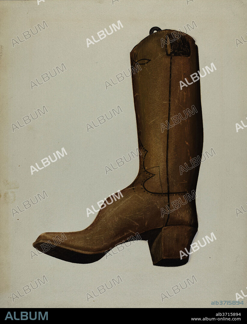 ALICE STEARNS. Boot Shop Sign. Dated: c. 1937. Dimensions: overall: 34 x 26.7 cm (13 3/8 x 10 1/2 in.)  Original IAD Object: 18" high. Medium: watercolor and graphite on paper.