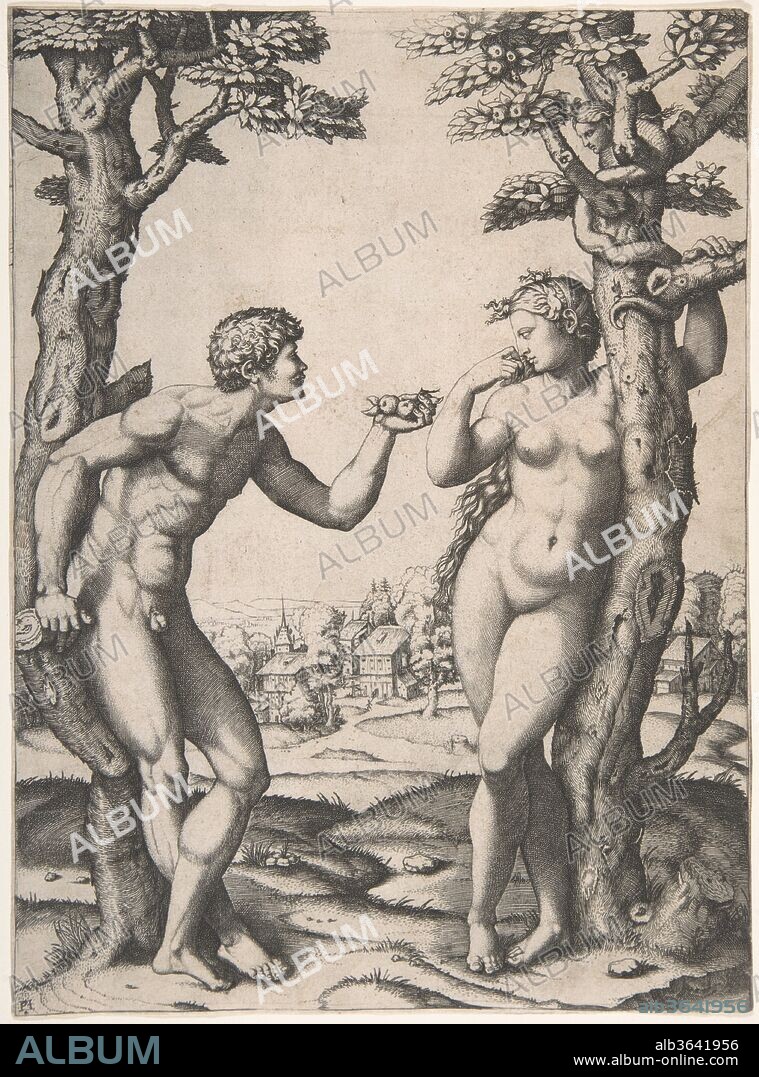 Adam and Eve flanked by two trees, a town in the background. Artist: Marcantonio Raimondi (Italian, Argini (?) ca. 1480-before 1534 Bologna (?)); After Raphael (Raffaello Sanzio or Santi) (Italian, Urbino 1483-1520 Rome). Dimensions: 9 1/2 x 6 15/16 in.  (24.2 x 17.6 cm). Date: ca. 1512-14.