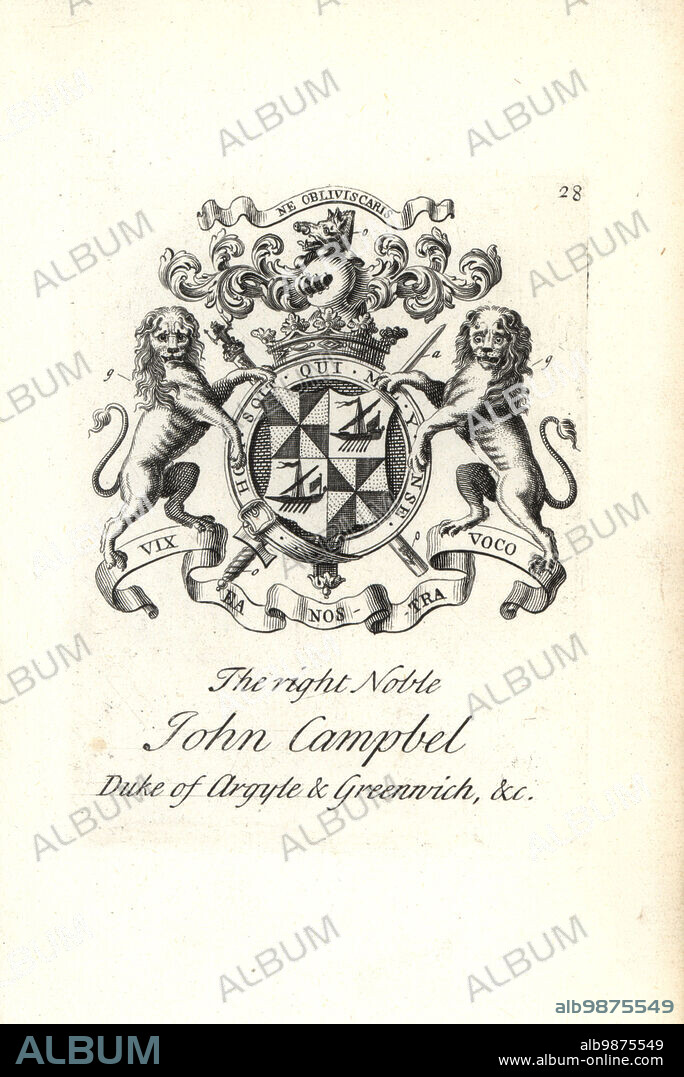 Coat of arms and crest of the right noble John Campbell, 2nd Duke of Argyll and Greenwich,. 1680-1743. Copperplate engraving by Andrew Johnston after C. Gardiner from Notitia Anglicana, Shewing the Achievements of all the English Nobility, Andrew Johnson, the Strand, London, 1724.