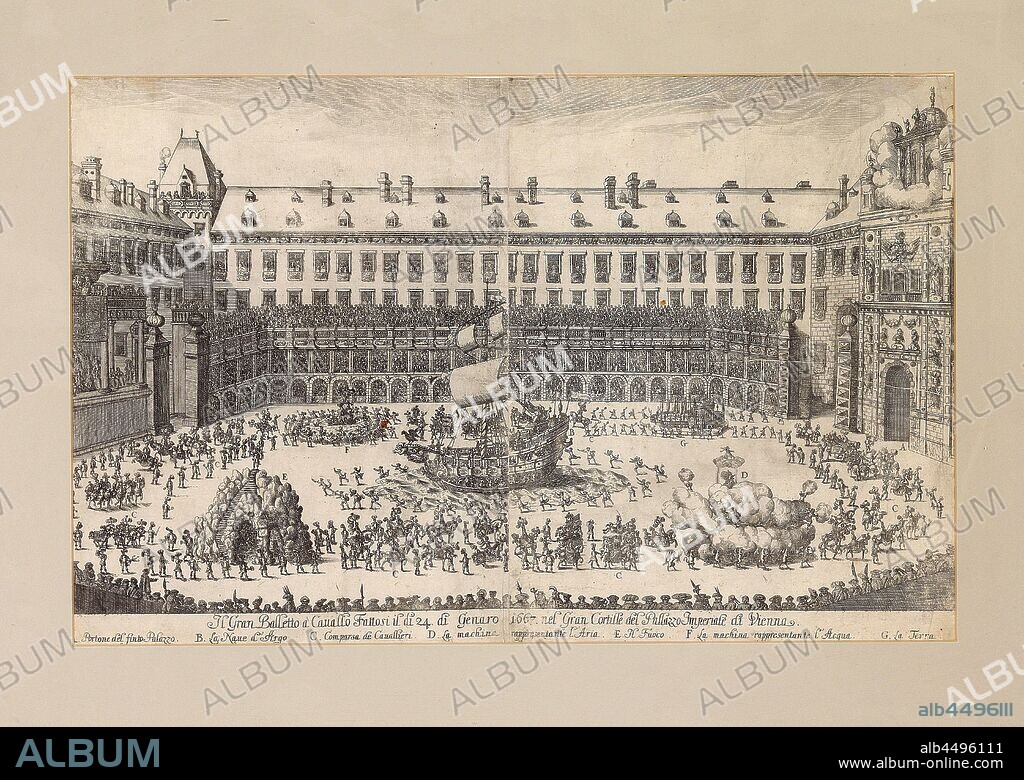 ANONYMOUS. Equestrian ballet in the courtyard of the Vienna Hofburg on the occasion of the wedding of Leopold I and Margaret Theresa.