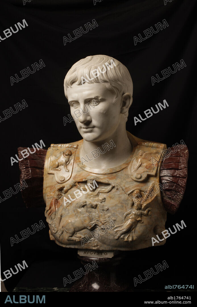 Bust of Augustus (type Augustus of Prima Porta), by Unknown Artist, 19th Century, cm 61 x. Italy, Lazio, Rome, Quirinal Palace. All. Augustus bust type Augustus of Prima Porta emperor young figure cuirass armor with personifications copy of Roman emperor symbol of virtus Roman warrior. Authorization required for non editorial use.