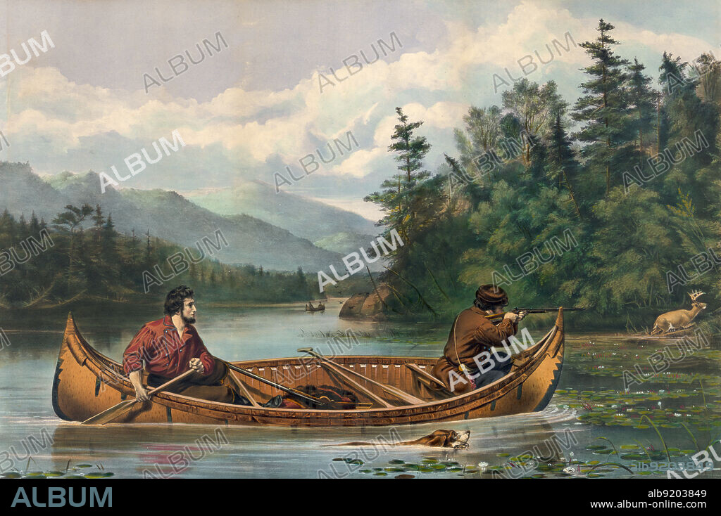 A scene of frontier-era Americans deer hunting from a canoe. "A good Chance" painted by Arthur Fitzwilliam Tait; lithograph by Currier & Ives, 1863.