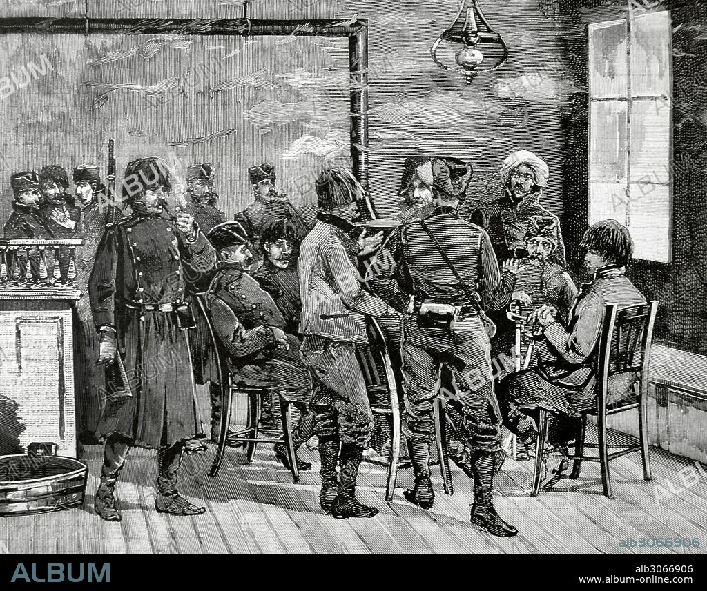 Reino de Sérbia durante el reinado de Milano I (1854-1901). Belgrado: Serbia. Militares y paisanos discutiendo en una taberna los asuntos políticos. Grabado por Rico. La Ilustración Española y Americana, 1885.