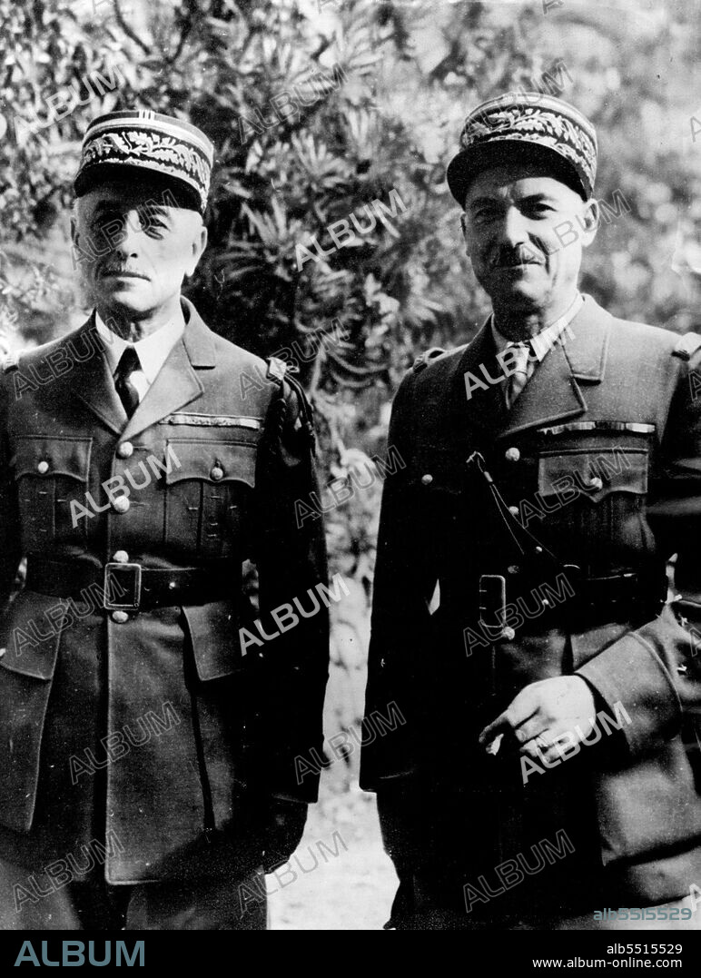 General Nogues And General Juin In Aigiers After Armistice Terms Had Been Signed.General Nogues, left, Commanding General of Morocco and General Juin, Military Commander of the Algerian District, photographed in Algiers after the signing of the Armistic terms between General Eisenhower and General General Juin. November 20, 1942.