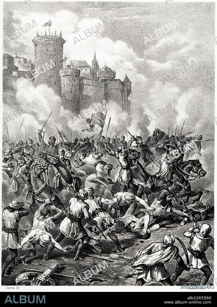 Historia de España. Victoria de los cristianos sobre el ejército árabe de Ahmed en Zamora en el año 901. Grabado de 1872.