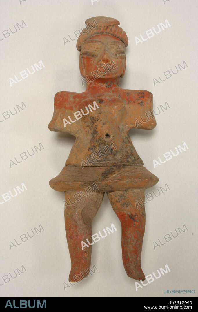 Female Figure. Culture: Tlatilco. Dimensions: H. 5 9/16 in. (14.2 cm). Date: 12th-9th century B.C..
This solid, hand-modeled ceramic figurine is made of reddish tan clay and painted with a red pigment. The wide hips, bare torso, and hemmed skirt indicate the figure is female, and the incisions on the posterior of the head represent a traditionally feminine coiffure. The small of the back is concave and the belly protrudes in profile. A central vertical pendant adorns the back of the neck.
Sculpted some three millennia ago in the Valley of Mexico, this figurine belongs to a group of ceramic effigies known collectively as the Tlatilco "pretty ladies." Depicting females with large heads, small waists, and prominent hips, these handheld sculptures present a fairly standardized body type and are typically fired to red, buff, or brown tones. As the popular embodiments of an ideal feminine form, the Tlatilco "pretty ladies" are part of a centuries-long tradition in which eccentricities and religious imagery predominate. Featuring hunchbacks, dwarfs, contorted acrobats, two-headed women, and conjoined twins, the corpus of Tlatilco figurines encompasses the full gamut of human representation.
For generations, Tlatilco was a small farming community located on the fringes of modern-day Mexico City. By the early twentieth century, however, the fields of clay surrounding Tlatilco had become important sites of brick production utilized in the construction and rapid expansion of the nearby Federal District. In 1936, brick workers began unearthing troves of ceramic figurines--later termed "pretty ladies"--that closely resembled others recently discovered by the archaeologist George C. Vaillant (1930). Using what little contextual information he had available to him, Vaillant accurately attributed these works to the Early to Middle Preclassic-period Zacatenco culture (ca. 1500-600 B.C.)--an umbrella term which also included the people of Tlatilco.
Beginning in the 1940s, archaeologists began to study the site of Tlatilco in earnest. Led by the renowned artist, ethnologist, and art historian Miguel Covarrubias, federally funded excavations helped to expose hundreds of ancient burials containing not only "pretty lady" figurines but also rich collections of polychrome pottery, carved jade, and stone tools. The enormous number of durable, finely made objects enabled Covarrubias to establish a more comprehensive typology of Tlatilco works than was previously possible. Through his comparisons of the local ceramic tradition with that of the contemporary Olmec culture, Covarrubias (1957) was able to document a large-scale incursion of Gulf Coast peoples into the area of Tlatilco sometime during the Late Preclassic period (ca. 600 B.C.). As a result, scholars now recognize the Tlatilco people as central players in the interregional, multi-ethnic cultural exchange that came to characterize Central Mexican Highland cultural interactions for the next several centuries.