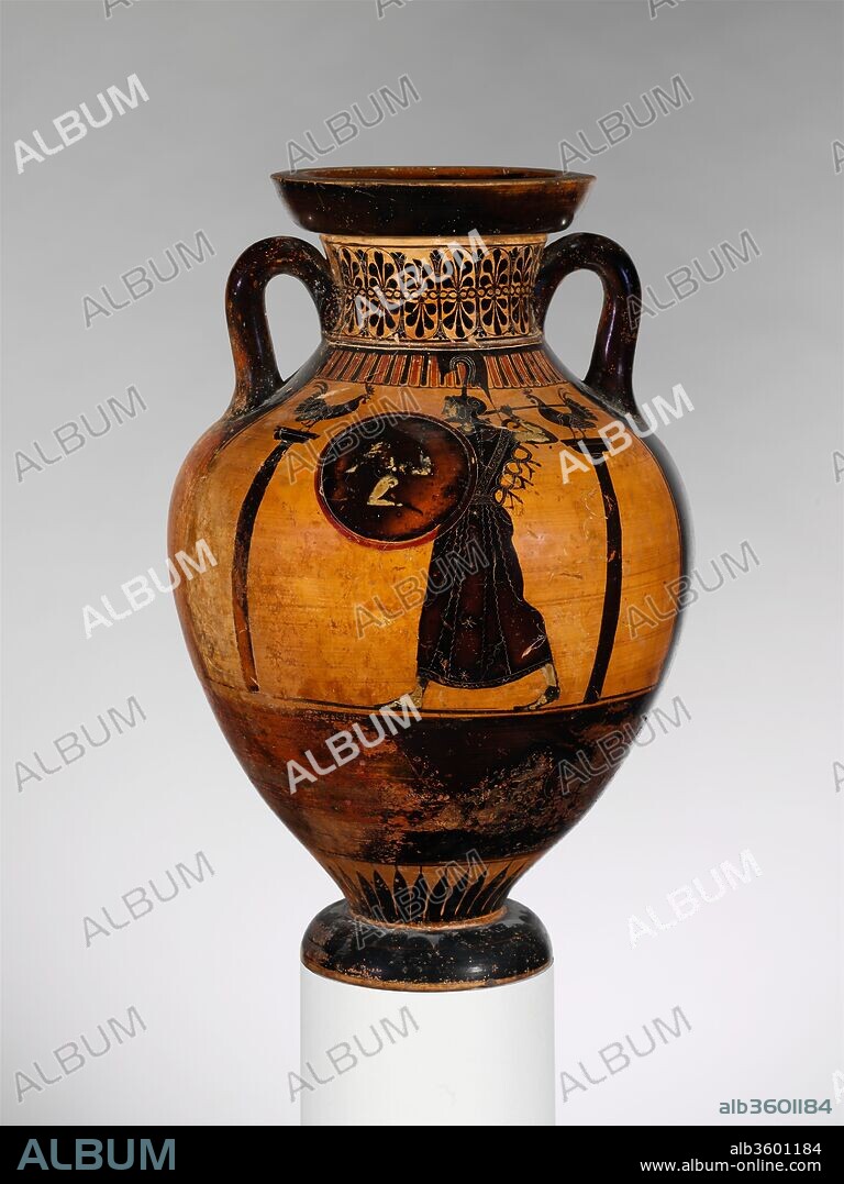 Terracotta Panathenaic prize amphora. Culture: Greek, Attic. Dimensions: H. 18 15/16 in. (48.2 cm). Date: ca. 510 B.C..
Obverse, Athena
Reverse, chariot
This amphora is different from the typical prize vase. It does not have the inscription identifying it as being from the games in Athens. Furthermore, the chariot on the reverse is at rest, not in competition.