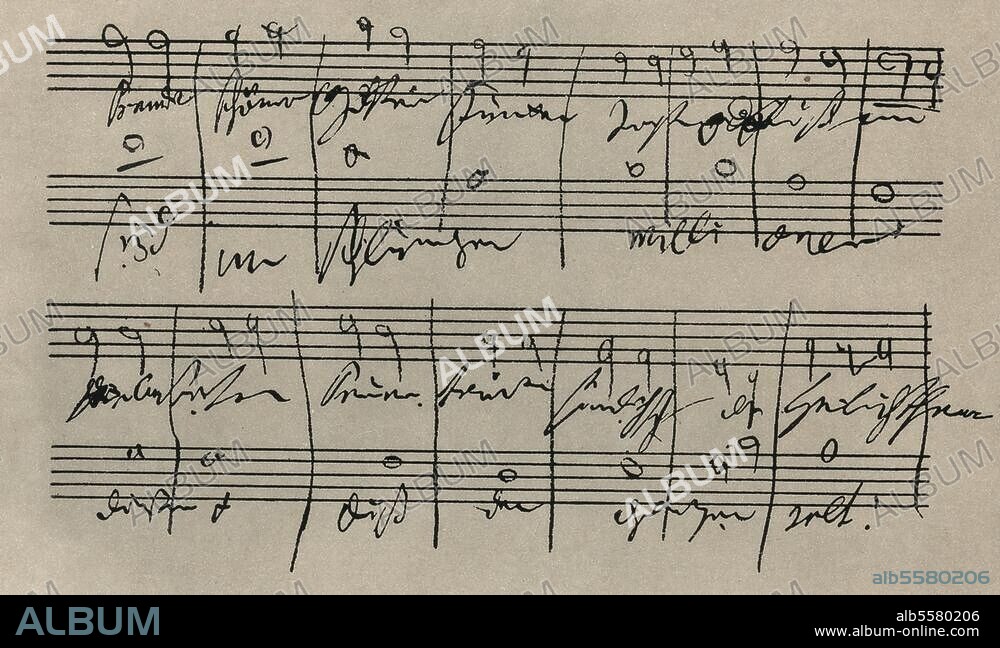 Beethoven, Ludwig van composer, 1770-1827. Works: Symphony No. 9, D-minor with final choir to Schiller's "Ode of Joy". (op. 125; premiere, Vienna 7 May 1824). Sketch in Beethoven's own hand to "Ode of Joy".