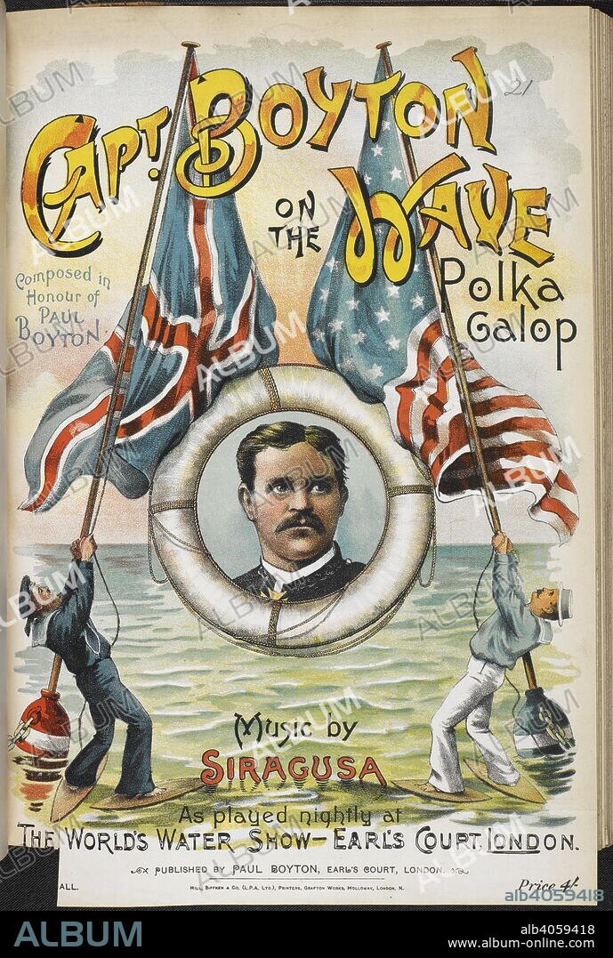 Illustrated music cover with a portrait of Captain Boyton. Captain Boyton on the Wave. Polka-Galop, etc. London : P. Boyton, [1893]. Paul Boyton (June 29, 1848 - April 19, 1924), known as the Fearless Frogman, was a showman and adventurer. He is best known for his water stunts that captivated the world, including crossing the English Channel in a novel rubber suit. Source: h.3285.u.(21.) front cover.