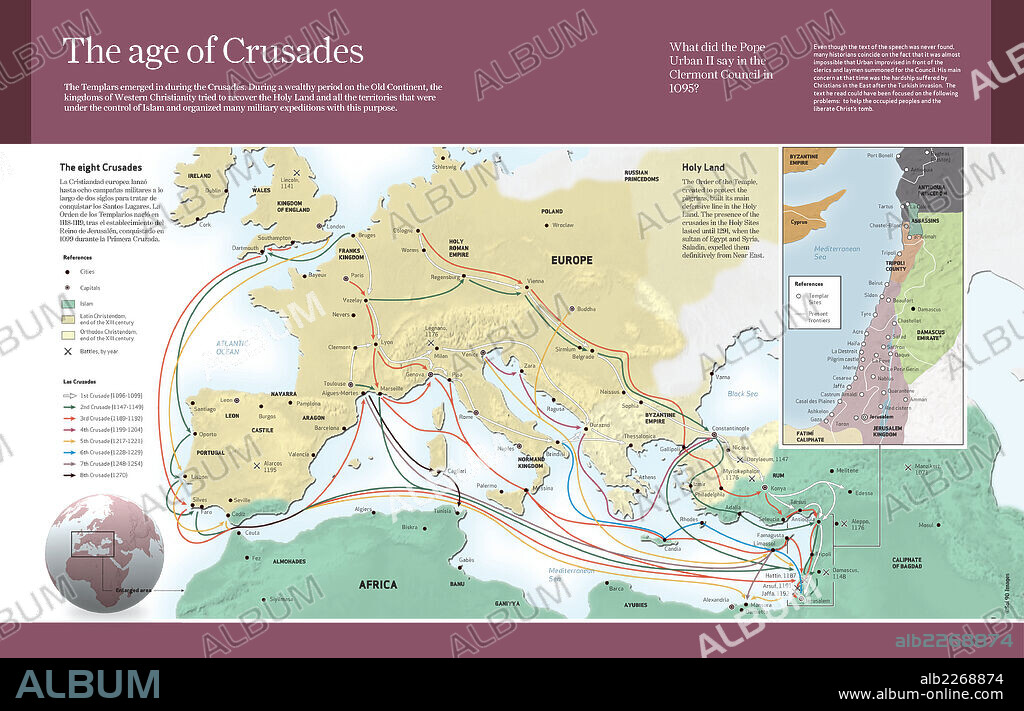 La época de las cruzadas. Infografía sobre las Cruzadas, expediciones militares de los cristianos para recuperar Tierra Santa (1095-1291).