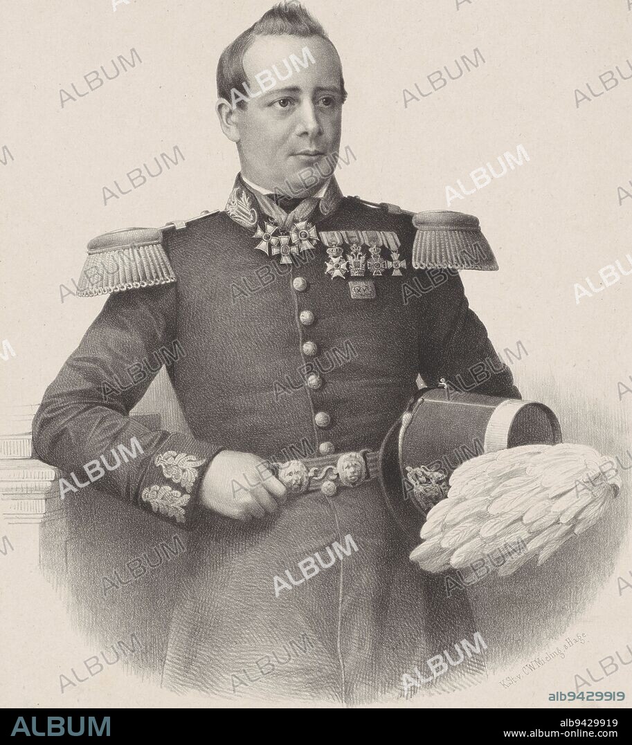 The subject wears a military uniform with epaulettes and badges on his chest and around his neck. He wears his hat with plume in his left hand. Beneath the portrait his signature, Portrait of Pieter Bleeker, print maker: anonymous, printer: Koninklijke Nederlandse Steendrukkerij van C.W. Mieling, (mentioned on object), The Hague, 1847 - c. 1865, paper, h 555 mm × w 397 mm.