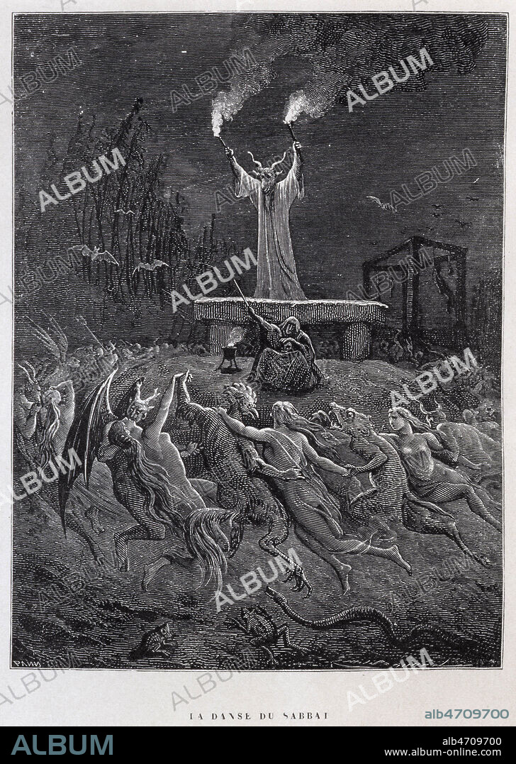 La danse du sabbat , sorcieres et demons font la ronde autour du Diable. Gravure Emile BAYARD (1837-1891) pour Histoire de la magie et du monde surnaturel et de la fatalite par P. Christian, Librairie Furne , 1870. Credit Collection Kharbine Tapabor.