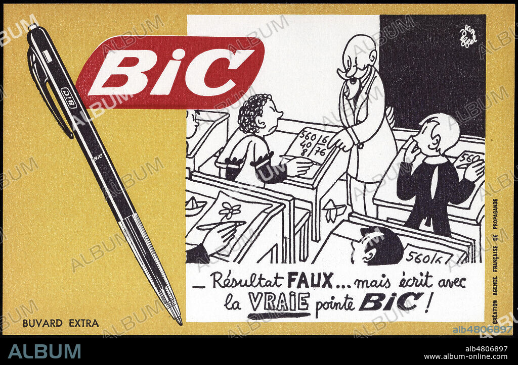 Resultat faux... mais ecrit avec la vraie pointe Bic. Illustration de Jean EFFEL (1908-1982) pour un buvard publicitaire vers 1955. Credit : Collection Jonas/Kharbine-Tapabor.