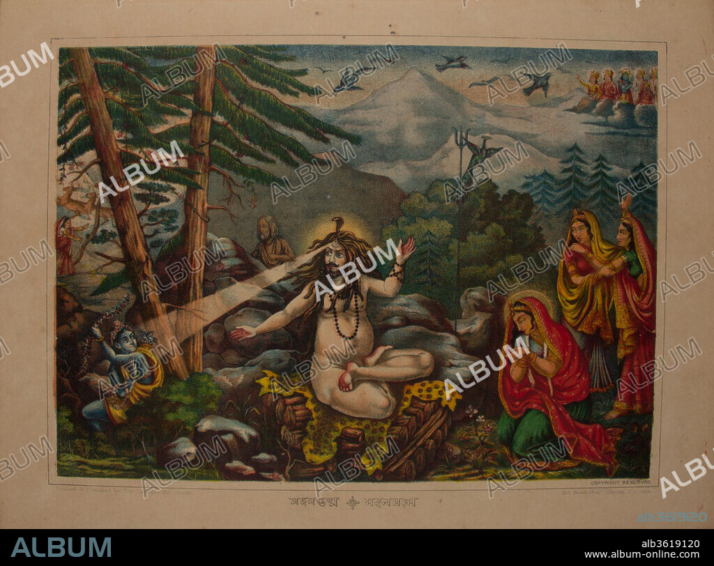 Madan-Bhasma (Shiva Turns to Ashes). Culture: India. Dimensions: Image: 9 1/2 × 13 1/4 in. (24.1 × 33.7 cm)
Sheet: 12 × 16 in. (30.5 × 40.6 cm). Date: 1890.
Like the uncolored version of this print entitled "The Oriental Cupid in Flames" this work emphasizes Shiva's role as a forest dwelling renunciate.  Moreover, it references his retreat to the forest in sorrow following the death of his wife Sati. As the world was in danger of unraveling without Shiva's guidance,  the gods chose Parvati to attend him. Kama, the god of love and desire, fired an arrow at Shiva in an attempt to make him notice Parvati (seen kneeling to the right).  This angered Shiva who was deep in meditation and he opened his third eye and reduced Kama to ashes-- the dramatic moment illustrated here.  Ultimately, Shiva realizes that Parvati is an incarnation of Sati and order is restored, and in this sense Kama succeeds.