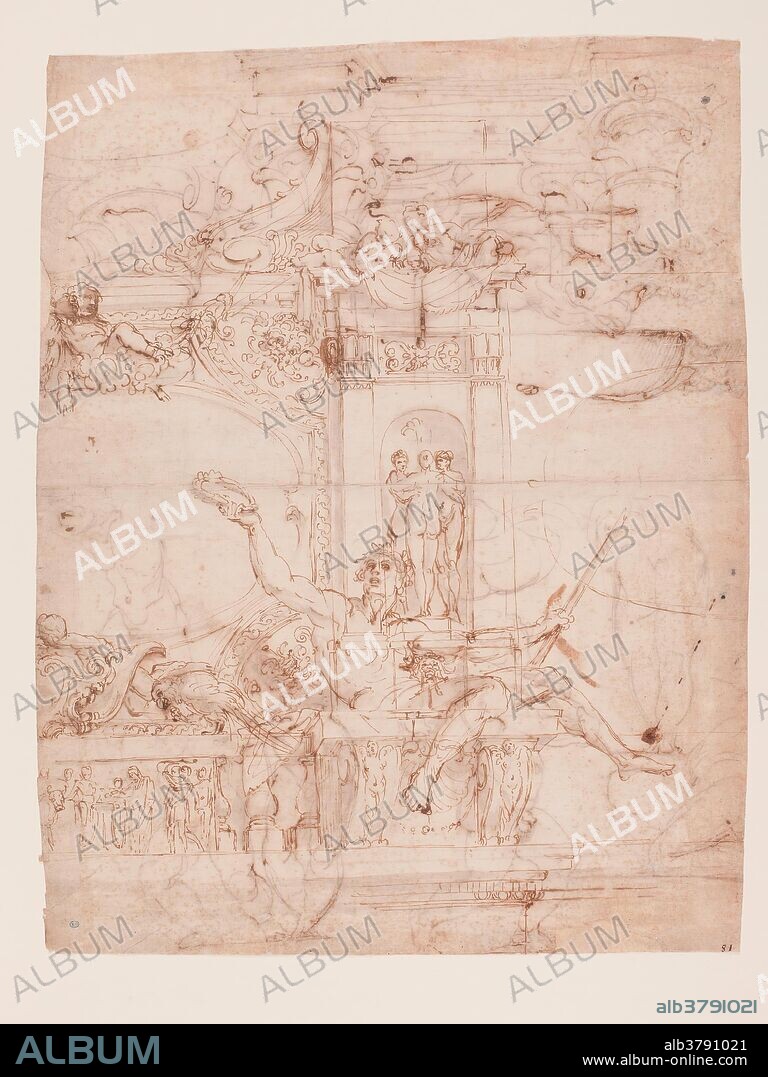 Annibale Carracci / 'Proyecto de decoración mural [Galleria Farnese (¿?)] / Estudios de putti, de pedestales de la Antigüedad y de una columnata ficticia'. 1597 - 1601. Aguada, Pluma, Tinta parda sobre papel agarbanzado, 489 x 381 mm.