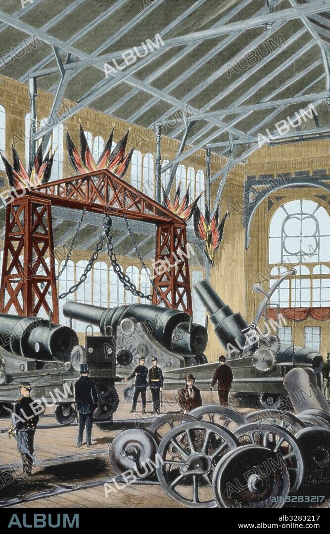 EL REICH ALEMAN (1871-1914). Durante este período, se desarrolló la REVOLUCION INDUSTRIAL ALEMANA, centrada en las cuencas carboníferas del Ruhr, el Saar, Alta Silesia y Sajonia. PABELLON DE LA EMPRESA KRUPP EN LA EXPOSICION MUNDIAL DE VIENA (1873). Grabado coloreado.