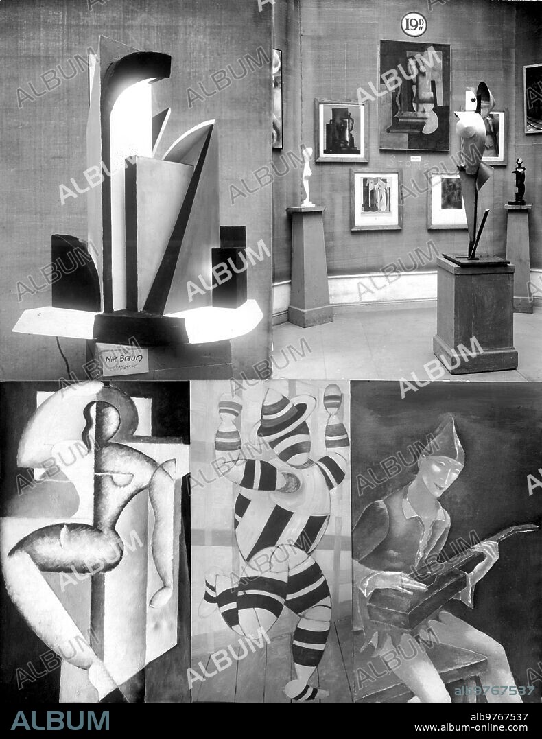 JOHANNES ITTEN. Diciembre 1923. Berlín. Exposición de arte sin Jurado.1. Plástica Luminosa, 2. Obras de Sasha Seno, de nueva York, 3. "Señora Sentada" por Haffenrichter, 4- "danza Grotesca", por Itten, 5. "tocador de Guitarra", por Zach.(foto Phothek) -.