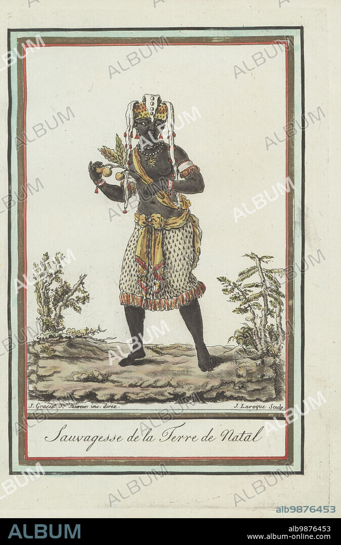 Zulu or Xhosa woman of Natal, eastern South Africa. Dancing, wearing an animal-skin hat with long tails, ivory necklace and earrings, animal-skin fringed skrt, holding a branch with fruit. Sauvagesse de la Terre de Natal. Handcoloured copperplate engraving by J. Laroque after a design by Jacques Grasset de Saint-Sauveur from his Encyclopedie des voyages, Encyclopedia of Voyages, Bordeaux, France, 1792.