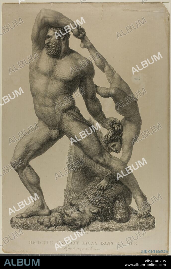 Hercules Throwing Lichas into the Sea. Auguste de Valmont (French, active 1815-1845); after Antonio Canova (Italian, 1757-1822); printed by Alois Senefelder (German, 1771-1834); published by Chaillou-Potrelle, chez (French, active 19th century). Date: 1815-1845. Dimensions: 592 × 388 mm (image); 667 × 446 mm (primary support); 667 × 446 mm (secondary support). Lithograph in black on buff wove paper laid down on cardboard. Origin: France.