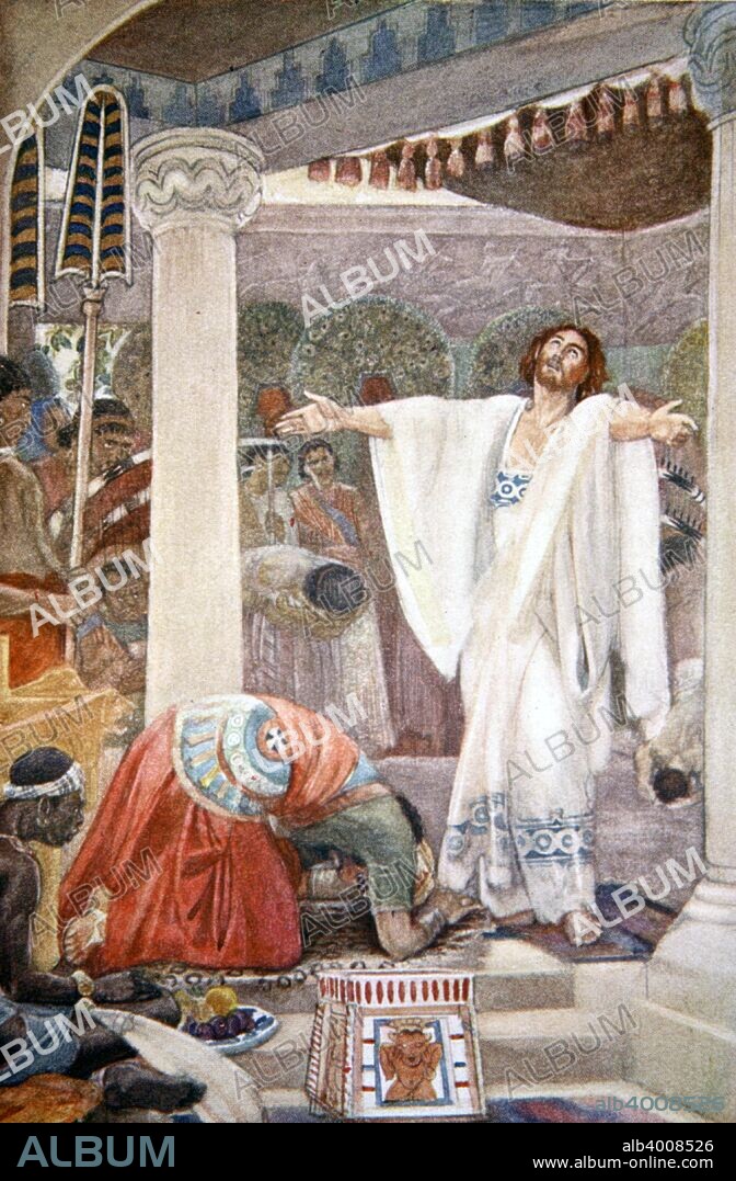'Daniel interprets the dream of Nebuchadnezzar', 1916. Nebuchadnezzar II (c630-562 BC), ruler of Babylon in the Chaldean Dynasty, is mentioned in the Book of Daniel. He conquered Judah and Jerusalem and sent the Jews into exile. He also was responsible for the consruction of the Hanging Gardens of Babylon. Illustration from Myths and Legends of Babylonia and Assyria by Lewis Spence, 1916.
