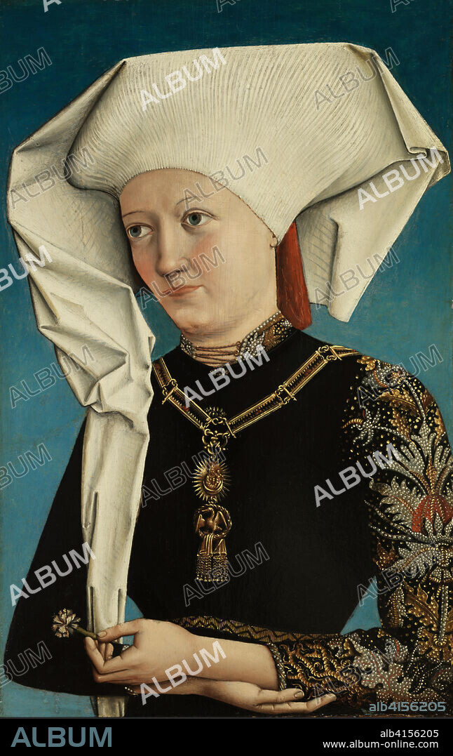 ANÓNIMO ALEMÁN ACTIVO EN LA CORTE DE ANSBACH. hacia 1490 Anónimo alemán activo en la corte de Ansbach (?) (Activo en la corte de Ansbach (?), c. 1490). Retrato de una dama con la Orden del Cisne (hacia 1490). Óleo sobre tabla. 44,7 x 28,2 cm.