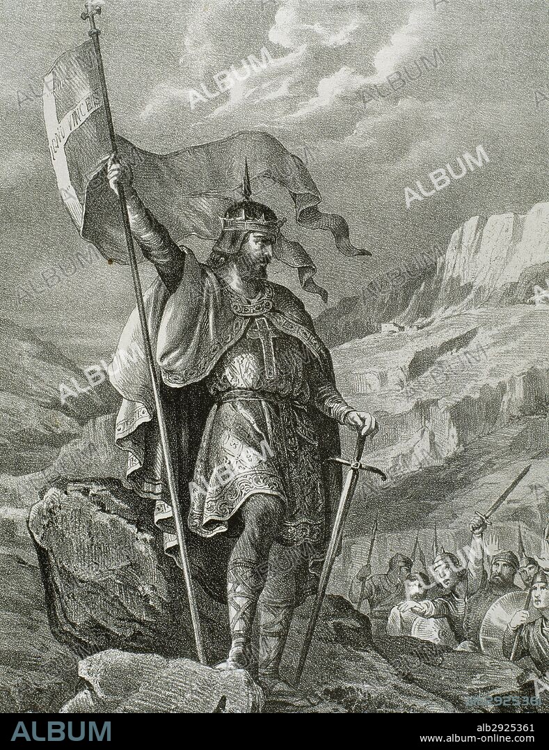 DON PELAYO (m. Cangas de Onís, Asturias. 737). Noble visigodo, caudillo de la rebelión asturiana (718-737) contra el poder musulmán y vencedor en la Batalla de Covadonga. Fue el primer monarca del reino de Asturias. Grabado de "Historia Ilustrada de España", del siglo XIX.