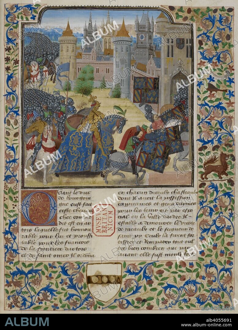 VASCO DE LUCENA. Return of the Duke of Burgundy to France; cavalcade entering  a city good architectural details. Chroniques de France et d'Angleterre. Late XV cent. Source: Royal 14 D.IV, f.10, volume iii.